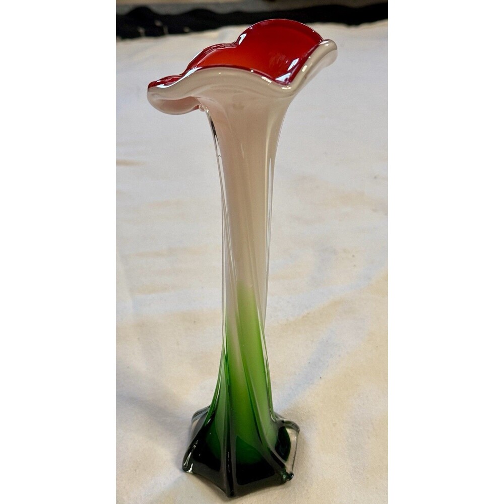 VTG Art Glass Jack in the Pulpit 12" Hand Blown Vase, MURANO Style Red White